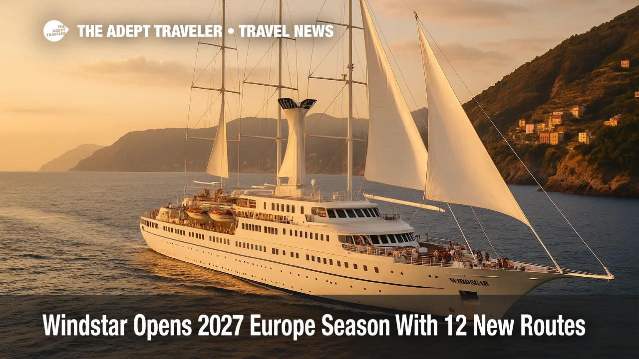 Windstar-style small cruise yacht sailing off an Italian Mediterranean coastline during golden hour, highlighting the 2027 Europe itineraries