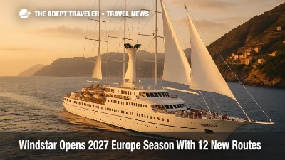 Windstar-style small cruise yacht sailing off an Italian Mediterranean coastline during golden hour, highlighting the 2027 Europe itineraries
