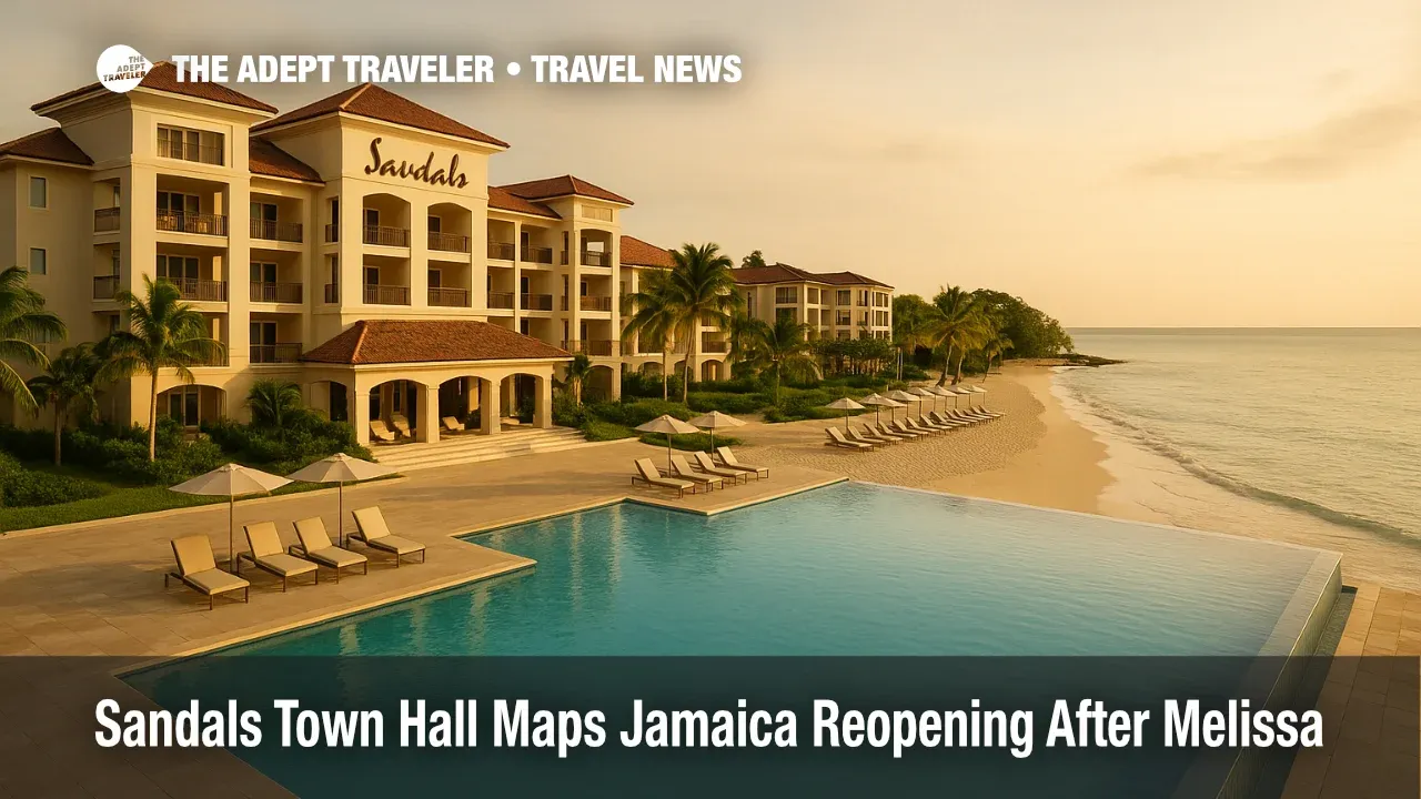 Beachfront infinity pool and main buildings at Sandals Dunn's River in Ocho Rios under warm late afternoon light as Jamaica prepares its post Melissa reopening