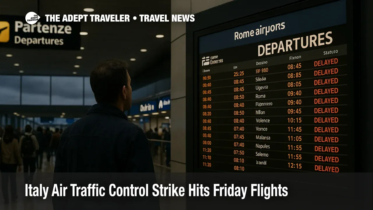 Travelers check the departures board at Rome Fiumicino during Italy air traffic control strike, with delays on flights