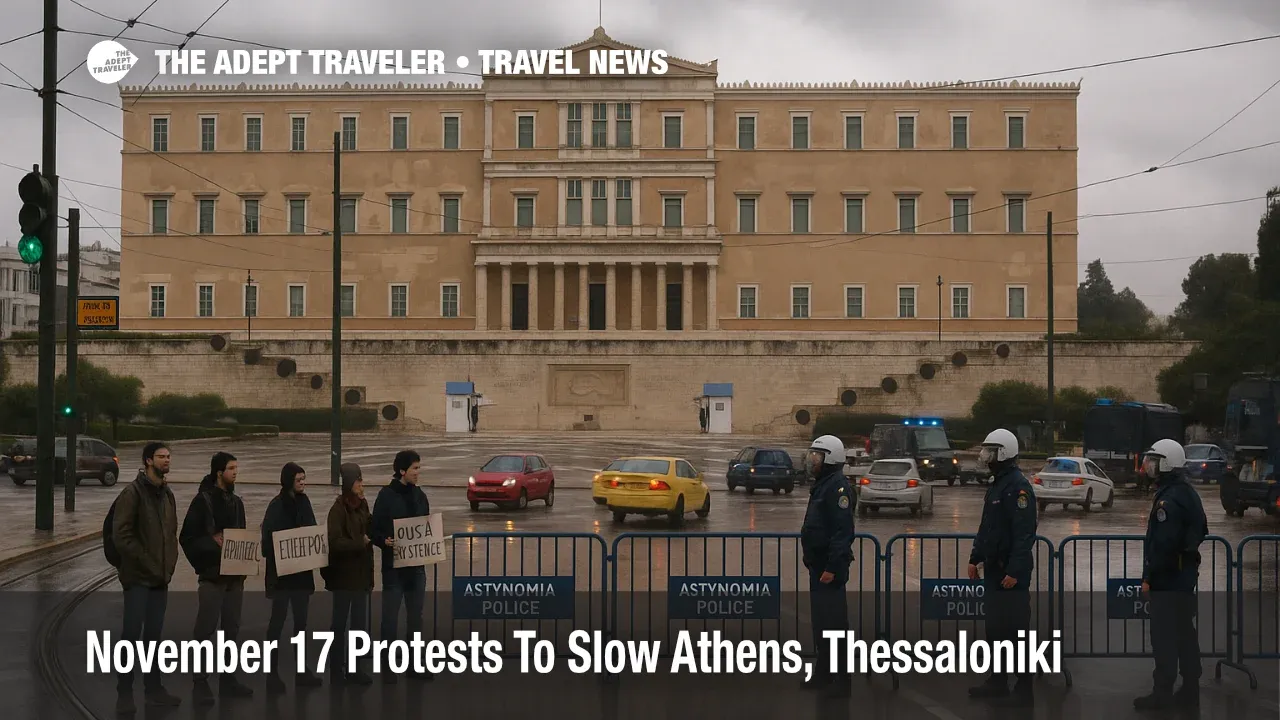 Protest barriers and police at Syntagma Square during November 17 protests in Athens, with diverted traffic and cloudy sky
