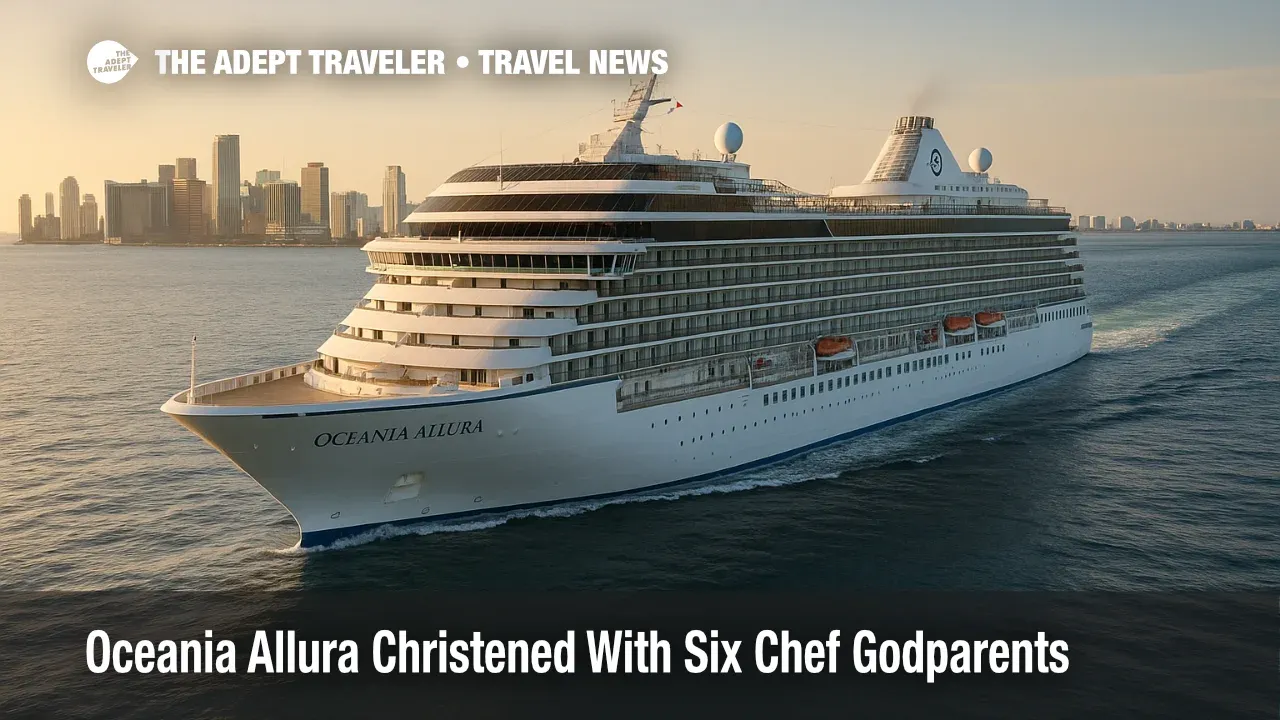 Oceania Allura cruising near Miami at golden hour after its christening, highlighting its culinary focused Caribbean routes.