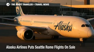 Alaska Airlines Boeing 787-9 taxiing at Seattle-Tacoma International Airport at sunset, highlighting new Seattle to Rome flights