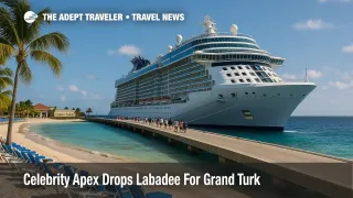 Celebrity Apex guests walk along the pier at Grand Turk Cruise Center with the ship docked nearby under Caribbean skies