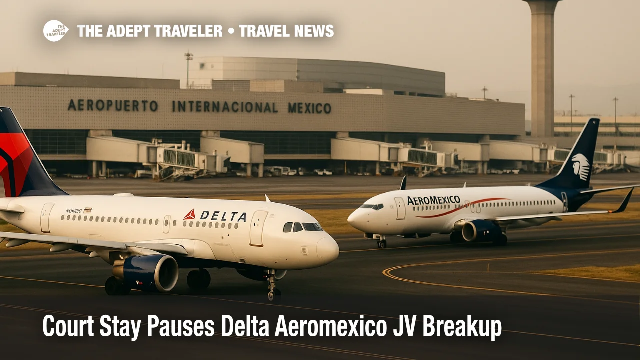 Delta and Aeromexico jets taxi at Mexico City International Airport as their joint venture continues under a US court stay