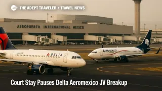 Delta and Aeromexico jets taxi at Mexico City International Airport as their joint venture continues under a US court stay