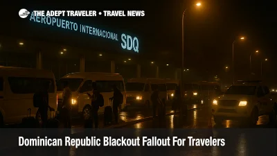 Travelers line up for hotel shuttles at Las Américas International Airport after a Dominican Republic blackout, with dim terminal lighting and police nearby