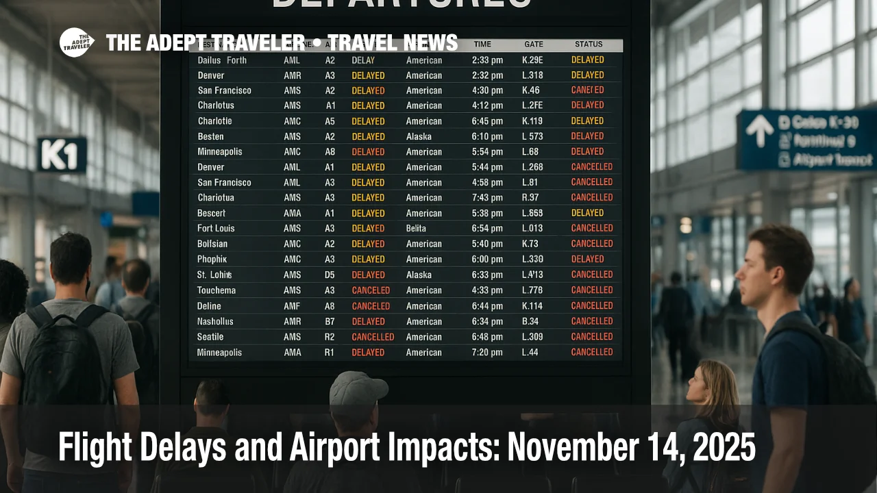 Travelers watch a crowded departures board at Chicago O'Hare as November 14, 2025, flight delays and cancellations continue under FAA capacity cuts
