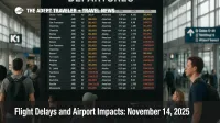 Travelers watch a crowded departures board at Chicago O'Hare as November 14, 2025, flight delays and cancellations continue under FAA capacity cuts