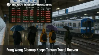 Travelers study the Hualien Station departures board as Fung Wong cleanup leaves east coast Taiwan rail schedules delayed and uneven for several days