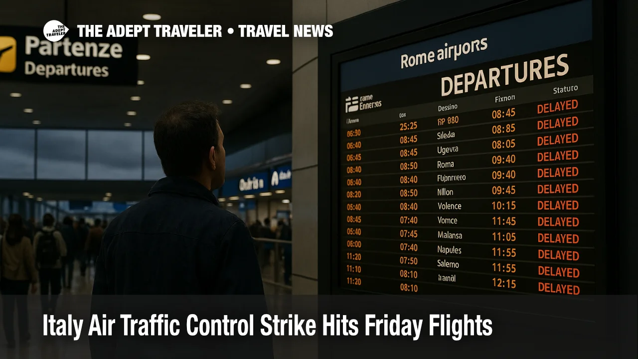 Travelers check the departures board at Rome Fiumicino during Italy air traffic control strike, with delays on flights