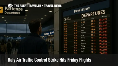 Travelers check the departures board at Rome Fiumicino during Italy air traffic control strike, with delays on flights
