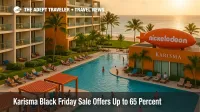 Guests at Nickelodeon Hotels & Resorts Punta Cana enjoy the pool during Karisma Black Friday Sale, with ocean views beyond.