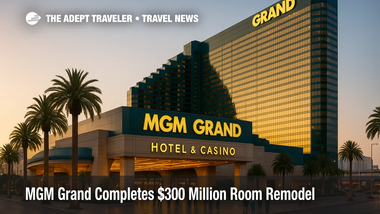 Exterior of MGM Grand Hotel & Casino in Las Vegas after MGM Grand room remodel, tower lit at dusk with windows and signage