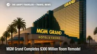 Exterior of MGM Grand Hotel & Casino in Las Vegas after MGM Grand room remodel, tower lit at dusk with windows and signage