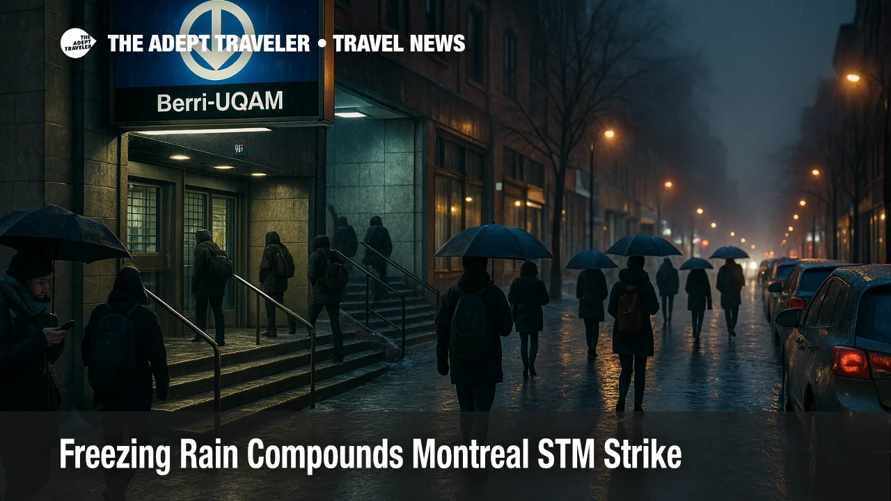 Icy Berri UQAM metro entrance in Montreal during the STM strike, with freezing rain slicking sidewalks as travelers seek alternate routes