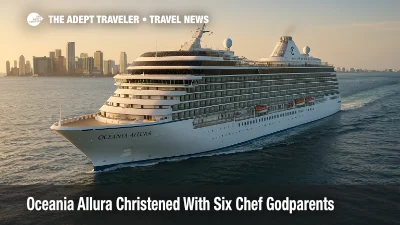 Oceania Allura cruising near Miami at golden hour after its christening, highlighting its culinary focused Caribbean routes.