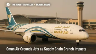 Oman Air Boeing 787 taxiing at Muscat International Airport as grounded jets and supply chain delays force schedule changes