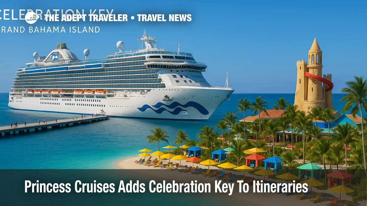 Princess Cruises ship at Celebration Key in Bahamas, beside turquoise lagoon, beach cabanas, and palm trees along the shore