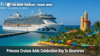 Princess Cruises ship at Celebration Key in Bahamas, beside turquoise lagoon, beach cabanas, and palm trees along the shore