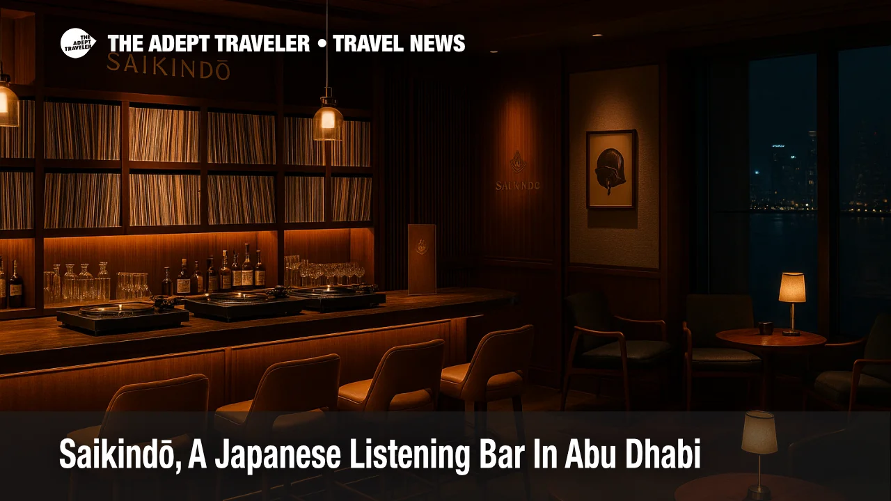 Warmly lit Saikindō bar at Four Seasons Hotel Abu Dhabi with vinyl shelves, wood and brass counter, and guests enjoying Japanese inspired cocktails