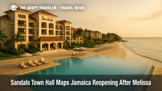 Beachfront infinity pool and main buildings at Sandals Dunn's River in Ocho Rios under warm late afternoon light as Jamaica prepares its post Melissa reopening