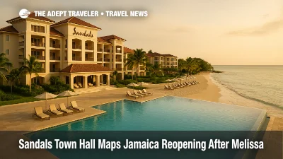 Beachfront infinity pool and main buildings at Sandals Dunn's River in Ocho Rios under warm late afternoon light as Jamaica prepares its post Melissa reopening