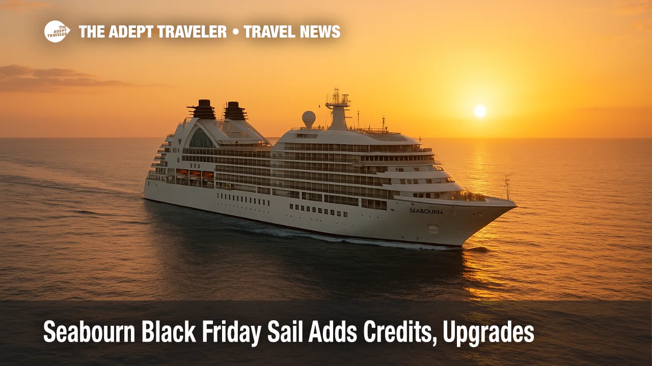 Seabourn cruise ship at sea under afternoon light, representing the Seabourn Black Friday Sail promotion across voyages