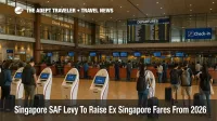 Wide view of Singapore Changi Airport check in hall with travelers at kiosks, illustrating the new Singapore SAF levy on departing flights