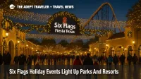 Families walk under holiday lights at Six Flags Fiesta Texas as Six Flags holiday events transform the entrance plaza with glowing coasters in the background