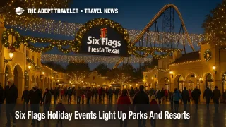 Families walk under holiday lights at Six Flags Fiesta Texas as Six Flags holiday events transform the entrance plaza with glowing coasters in the background