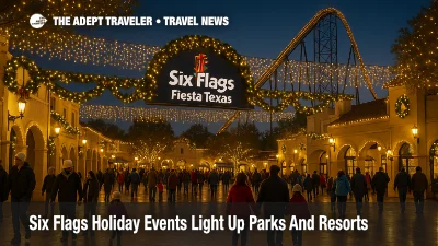 Families walk under holiday lights at Six Flags Fiesta Texas as Six Flags holiday events transform the entrance plaza with glowing coasters in the background