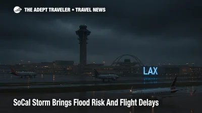 Rain soaked runway at Los Angeles International Airport during a Southern California storm, with jets taxiing under low clouds and terminal lights reflecting on wet pavement