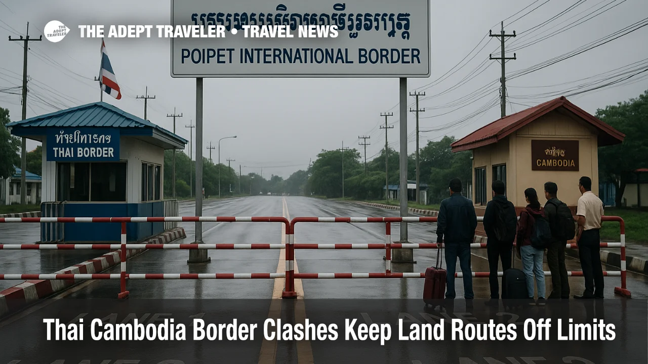 Closed car lanes and barriers at a Thailand Cambodia border checkpoint highlight continued land route shutdowns and travel restrictions