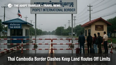 Closed car lanes and barriers at a Thailand Cambodia border checkpoint highlight continued land route shutdowns and travel restrictions