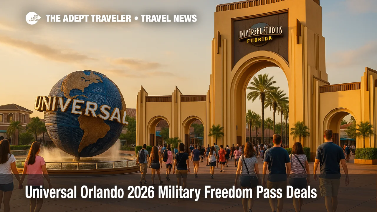 Families approach the Universal Studios Florida entrance and globe, highlighting Universal Orlando 2026 Military Freedom Pass