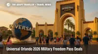 Families approach the Universal Studios Florida entrance and globe, highlighting Universal Orlando 2026 Military Freedom Pass