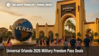 Families approach the Universal Studios Florida entrance and globe, highlighting Universal Orlando 2026 Military Freedom Pass
