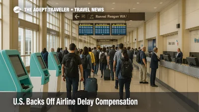 Travelers queue at DCA check-in kiosks under departures boards, illustrating U.S. airline delay compensation rules that rely on refunds and voluntary policies