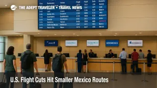 Travelers check departure screens at McAllen Miller International Airport as U.S. flight cuts trim nonstop Mexico routes.