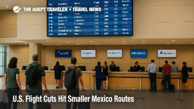 Travelers check departure screens at McAllen Miller International Airport as U.S. flight cuts trim nonstop Mexico routes.