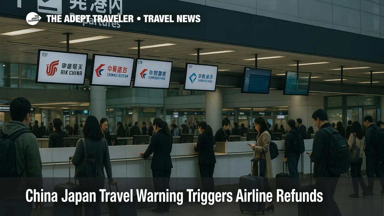 Travelers move through Tokyo Haneda departures amid China Japan travel warning, with airline counters ahead