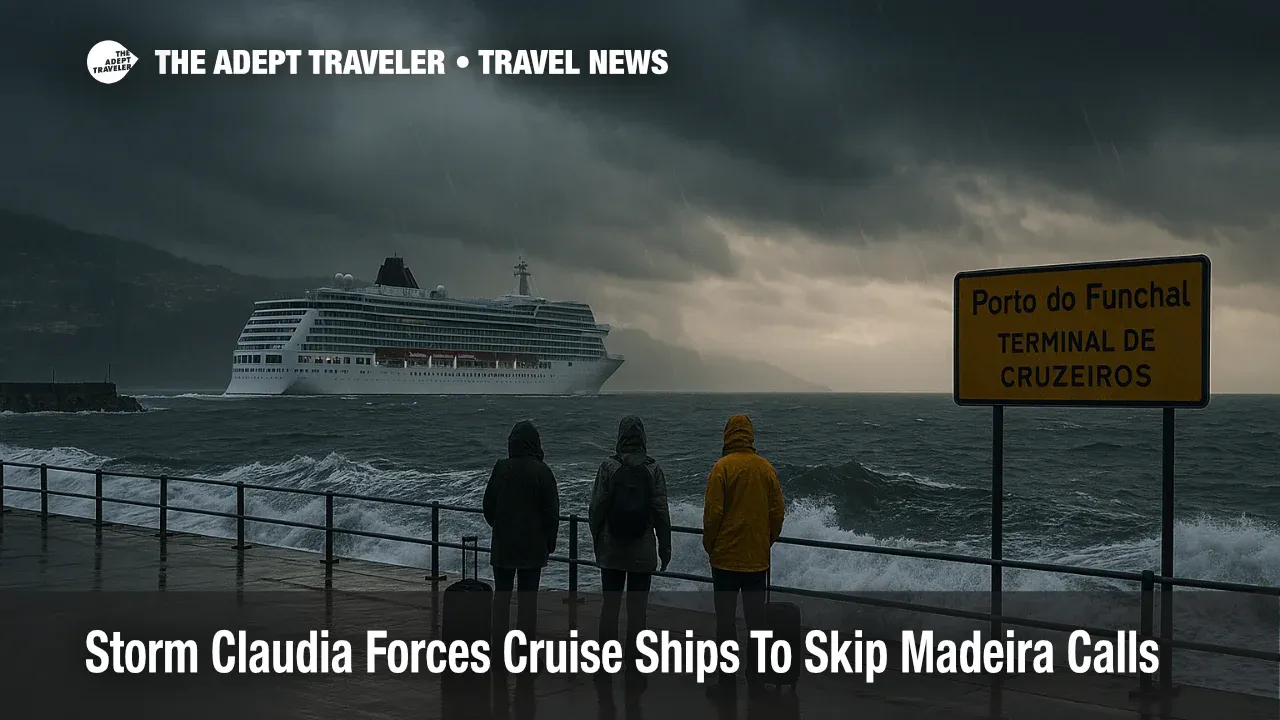 Storm Claudia disrupts Madeira cruise calls as a ship passes Funchal harbor under dark Atlantic clouds and whitecapped seas