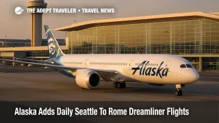 Alaska Airlines Boeing 787-9 taxiing at Rome Fiumicino with tower and terminal in view before a Seattle to Rome flight in soft late afternoon light