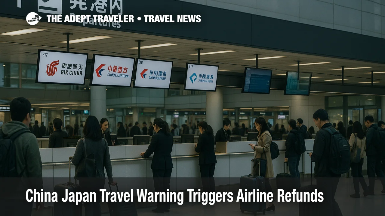 Travelers move through Tokyo Haneda departures amid China Japan travel warning, with airline counters ahead