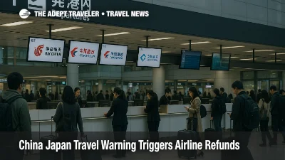 Travelers move through Tokyo Haneda departures amid China Japan travel warning, with airline counters ahead