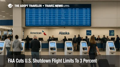 Travelers use check in kiosks beneath a busy departures board at Chicago O'Hare as FAA shutdown flight cuts ease but schedules remain capped