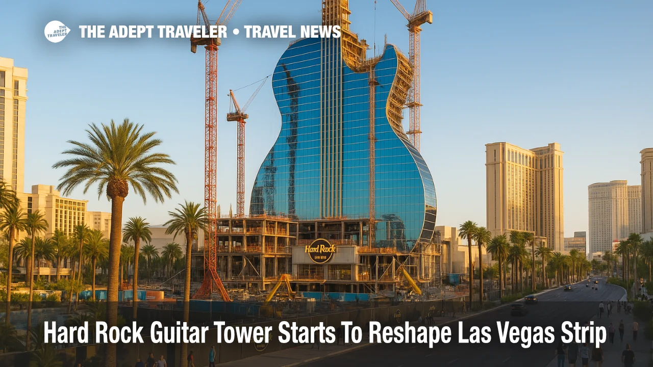 Rendering of Hard Rock Hotel and Casino and Guitar Hotel Las Vegas, with the blue guitar tower rising above the former Mirage site on the Strip
