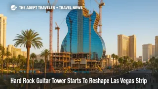 Rendering of Hard Rock Hotel and Casino and Guitar Hotel Las Vegas, with the blue guitar tower rising above the former Mirage site on the Strip