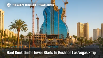 Rendering of Hard Rock Hotel and Casino and Guitar Hotel Las Vegas, with the blue guitar tower rising above the former Mirage site on the Strip